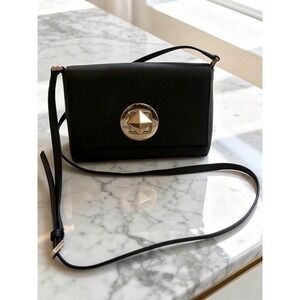 Kate Spade Black Leather Crossbody Gold Pyramid Turnlock Structured Bag Small